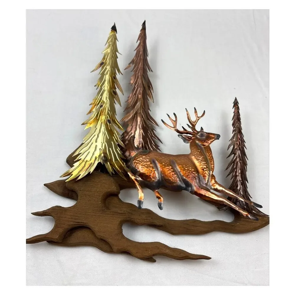 Vintage Copper Tin Metal Wall Art 3D Sculpture Buck Deer in Forest MCM Rustic